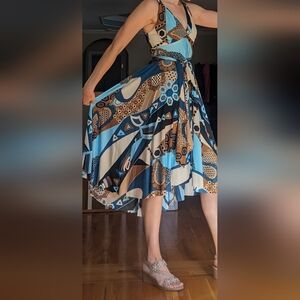 Chic Geometric Blue and Brown High Low Dress